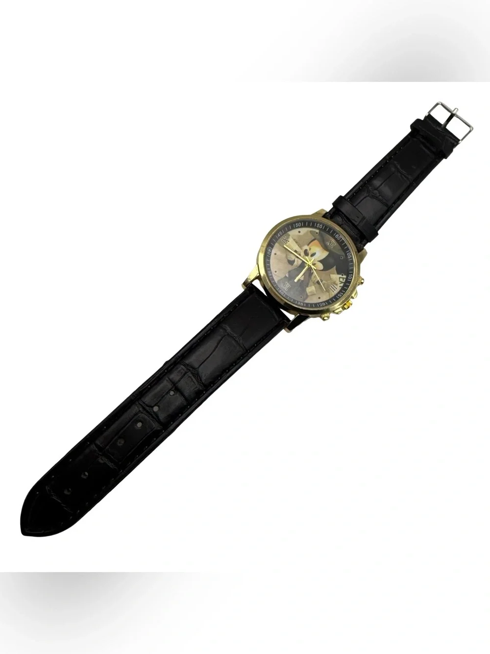 Disney Mickey Mouse Gold Tone Quartz Watch with Faux Leather Band
